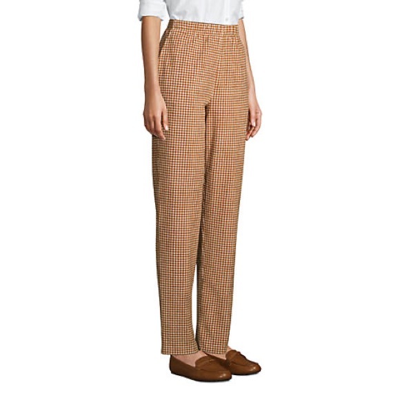 Women's Corduroy Elastic Waist Pants High Rise Beige and Brown Houndstooth - Picture 3 of 5
